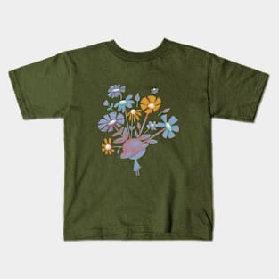 Blue Bowler Hat full of Flowering Blooms & pink person Kids T-Shirt